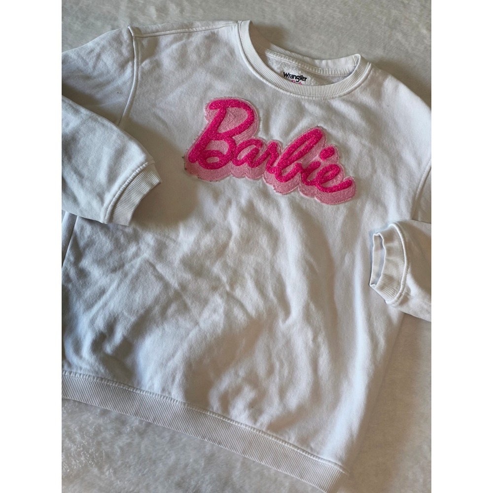 Wrangler x Barbie White Sweatshirt Pink Chenille Patch Logo Kids Medium RARE